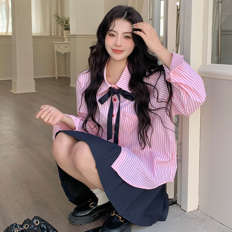 55812大码女装春装衬衫大码宽松减龄百搭上衣开衫条纹衬衫套装