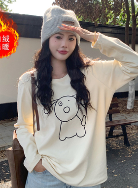 55325冬季双面德绒加厚大码女装圆领印花趣味小狗长袖打底T恤