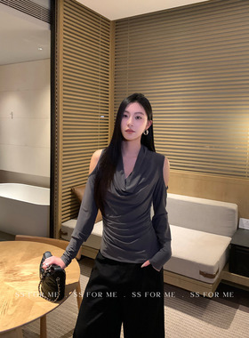 SS for me 氛围密码 法式荡领镂空长袖T恤女优雅收腰显瘦露肩上衣