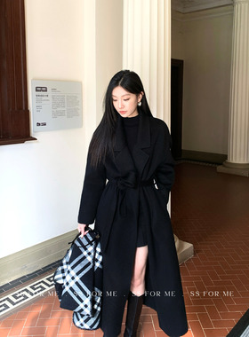 SS for me 巴黎晨曦 赫本风全羊毛双面呢大衣女黑色长款毛呢外套