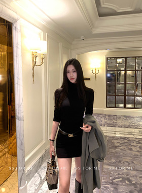 SS for me 墨黑蔷薇 黑色半高领长袖针织连衣裙女修身包臀短裙