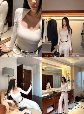 SS for me 浪漫天份 纯欲辣妹白色方领长袖T恤女气质修身显瘦上衣