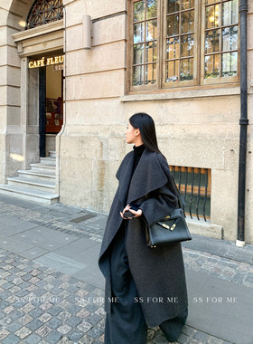 SS for me静奢质感 气质翻领羊毛双面呢大衣女宽松中长款毛呢外套