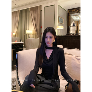 暮色垂影 挂脖飘带荡领长袖 T恤女气质修身 上衣 收腰短款 for