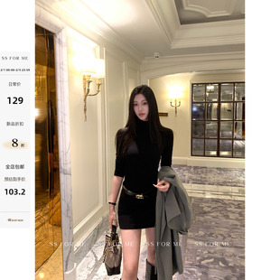 SS for me 墨黑蔷薇 黑色半高领长袖针织连衣裙女修身包臀短裙