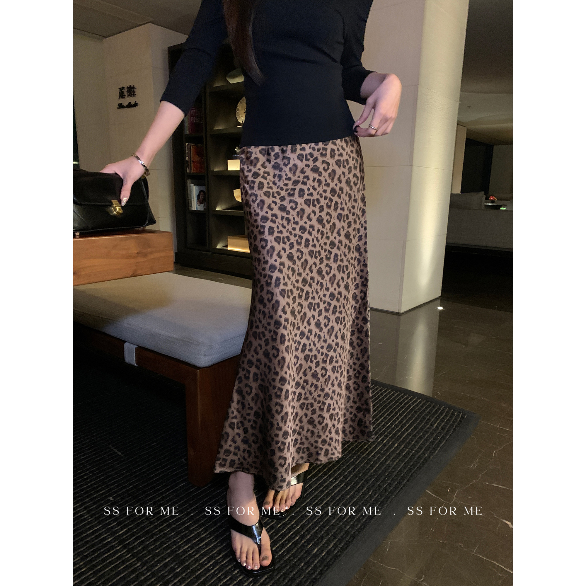 SS for me 古早时髦 美式豹纹A字半身裙女气质垂感中长款鱼尾裙