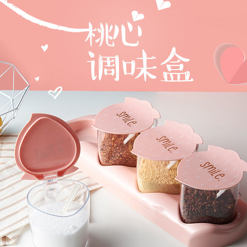 可爱桃调味盒3/4格小麦秸秆厨房调料套装翻盖勺子储物佐料盒