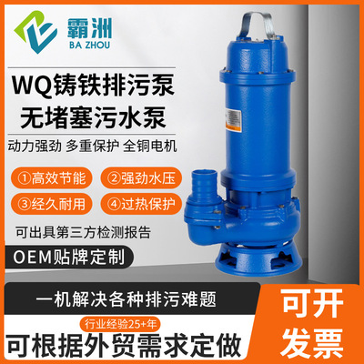 WQ耐腐蚀污水泵铸铁无堵塞潜水泵农用家用污水污物水泵高扬程