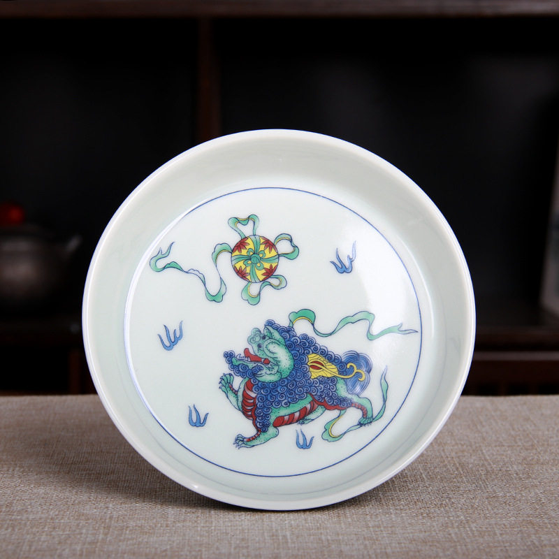 釉中彩青花瓷狮戏蓄水茶盘陶瓷壶承圆形小干泡茶台简约家用茶壶托