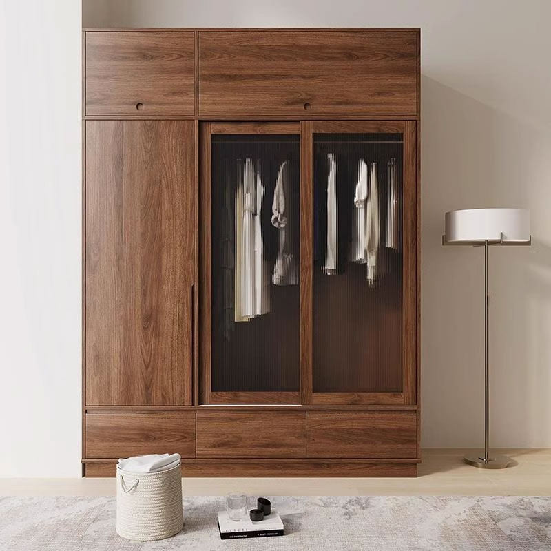 北欧黑胡桃木推拉门衣柜家用卧室日式现代小户型实木玻璃移门衣橱