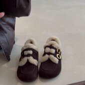 一脚蹬深口单鞋 女加绒保暖毛毛鞋 平底懒人鞋 韩版 2025冬季 磨砂反绒