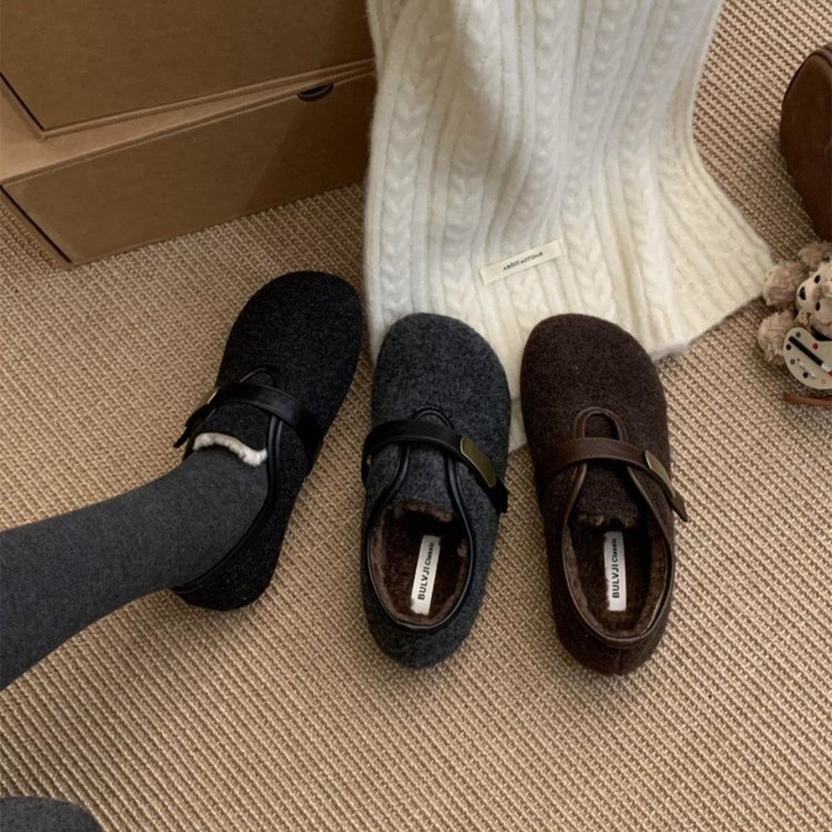 韩版毛绒勃肯鞋女魔术贴平底软底