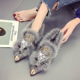 尖头毛毛鞋女chic2025韩版新款秋冬豆豆鞋社会平底时尚带钻网红鞋