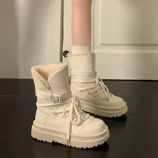 韩版厚底短筒雪地靴女2025冬季加绒保暖系带时装靴女舒适防滑防水