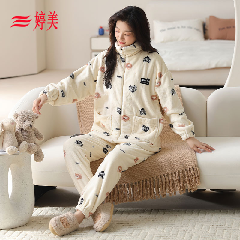 珊瑚绒睡衣女秋冬加厚加绒保暖
