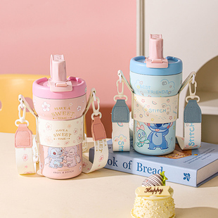 迪士尼史迪奇安琪双饮陶瓷覆层内胆保温杯650ml户外便携糖果水杯