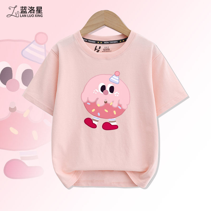 粉色儿童甜甜圈印图t恤纯棉女童夏装半袖新款姐弟装童装男童短袖