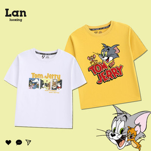 儿童t恤男童夏装可爱卡通猫和老鼠衣服新款洋气姐弟装童装短袖男