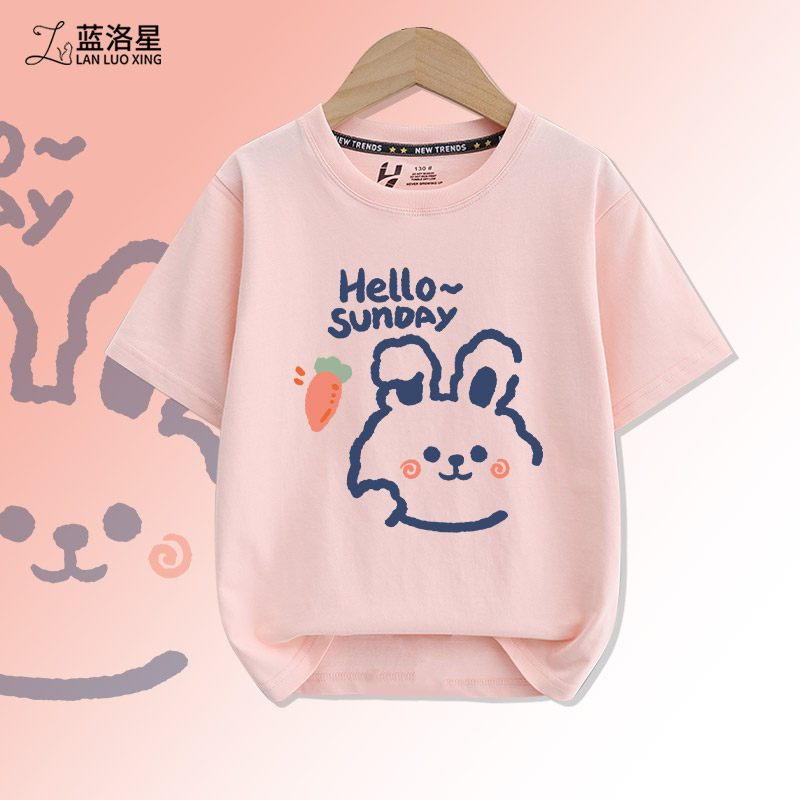 卡通兔子图案短袖t恤女童夏季纯棉黑色半袖上衣童装新款儿童夏装