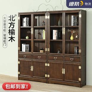 博古架老榆木置物展示架仿古原实木免漆两门书柜子玻璃定制 新中式