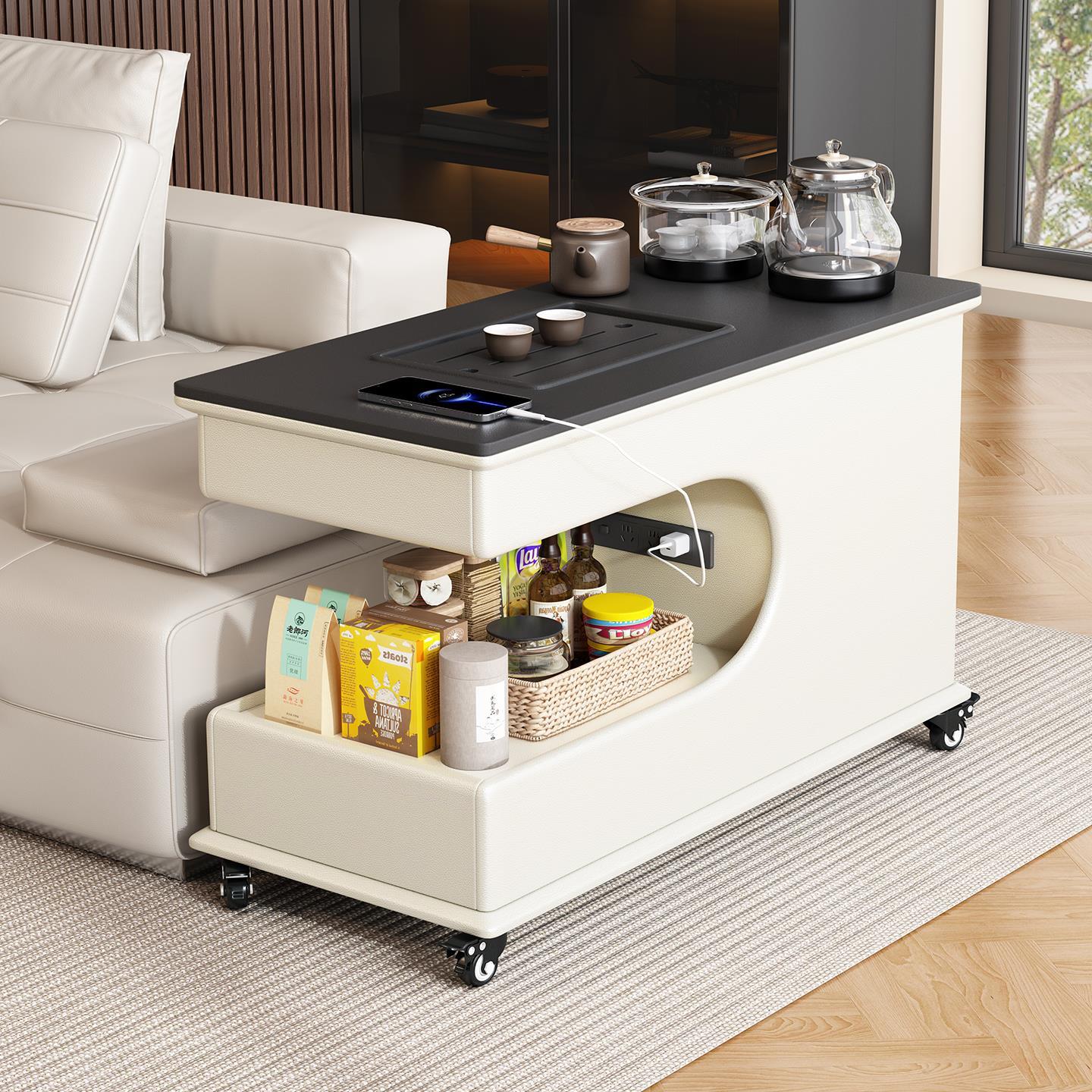 沙发边几岩板2025款客厅可移动沙发边柜一体烧水茶台小推车带排插