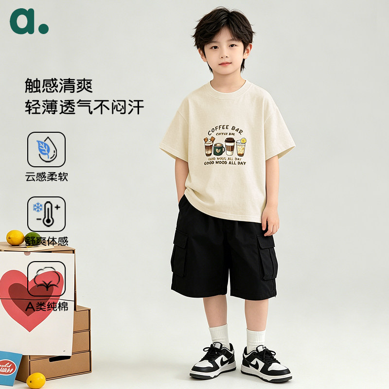 安之伴童装【A类纯棉】男女童短袖t恤中大童夏款简约百塔休闲上衣