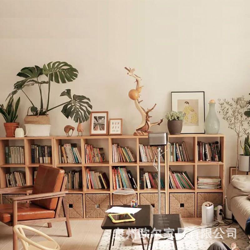 北欧实木书架家用简约多层收纳落地柜展示柜客厅原木格子书柜组合