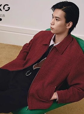 GXG男装新年小香风红色夹克2025年春新品简约通勤翻领上衣外套男