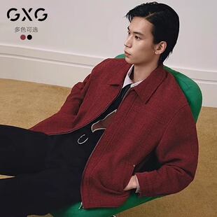 GXG男装新年小香风红色夹克2025年春新品简约通勤翻领上衣外套男