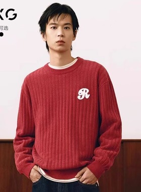 GXG男装红色雪尼尔毛衣2025年春季新品圆领肌理针织衫男新年线衫