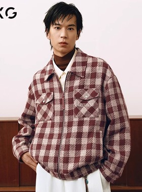 GXG男装圣诞新年红色夹克小香风25年春新品棋盘格四合扣绣花外套