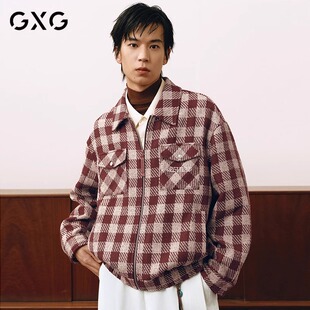 GXG男装圣诞新年红色夹克小香风25年春新品棋盘格四合扣绣花外套
