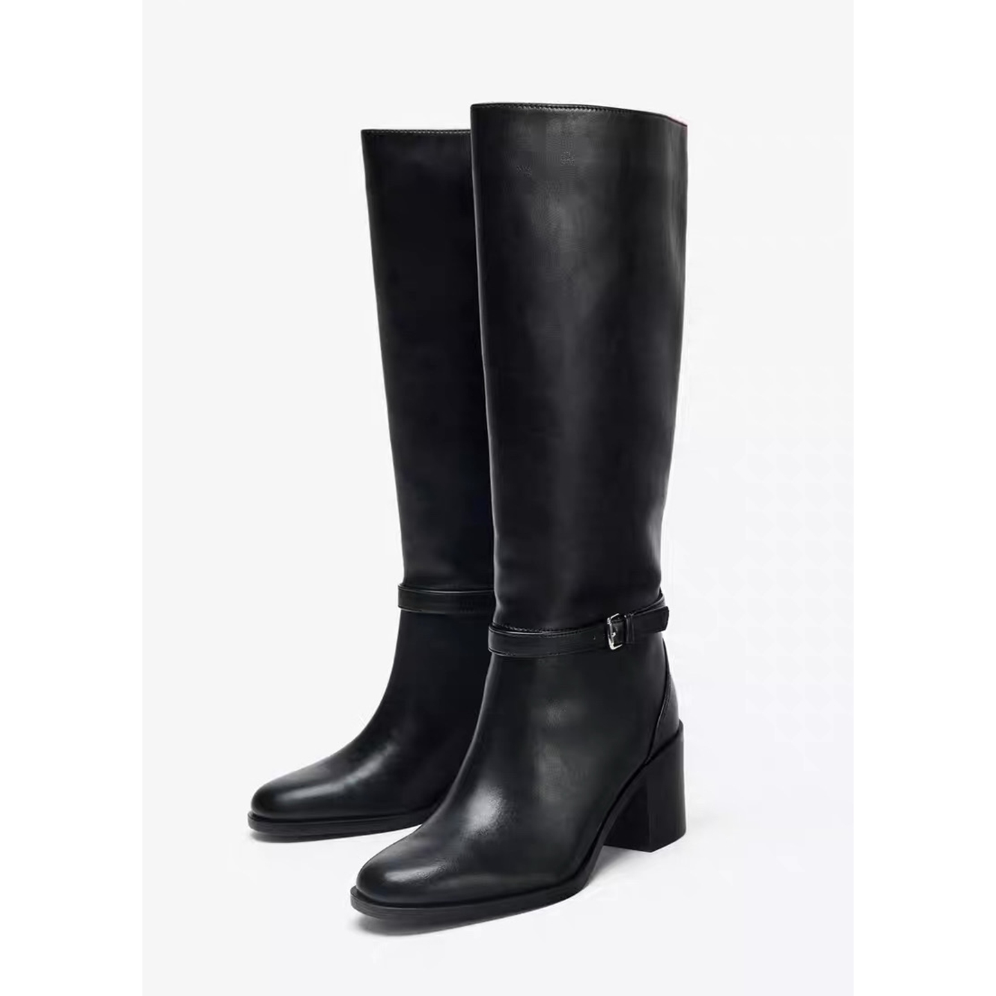 真皮高筒粗跟长靴百搭宽筒骑士靴