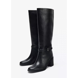真皮高筒粗跟长靴百搭宽筒骑士靴裤 秋冬 管靴直筒靴长靴女2025新款