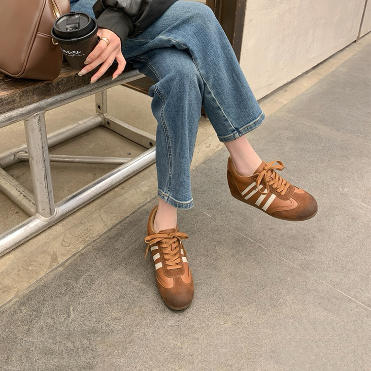 内增高德训鞋女黑色反绒皮条纹复古百搭休闲阿甘鞋2026春款小个子,女鞋,德训鞋,淘宝优惠券,粉丝福利购,淘宝优惠卷