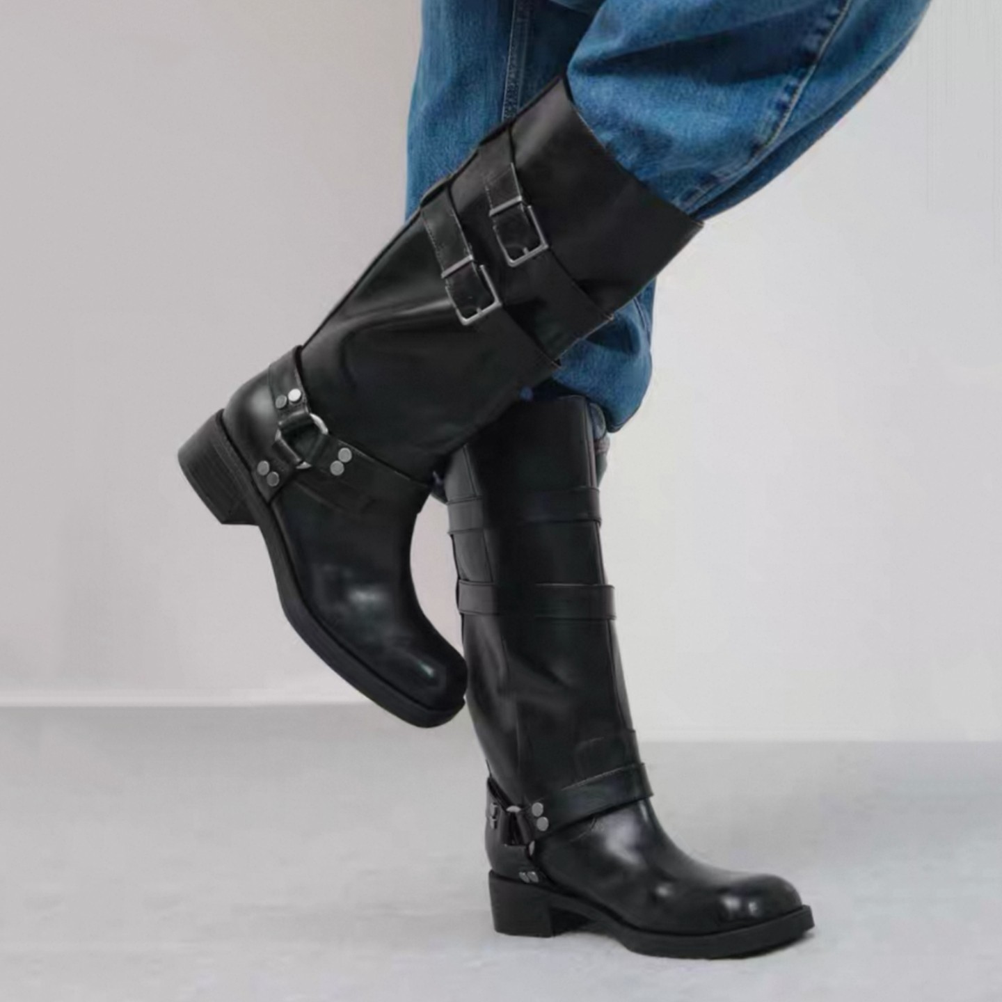 皮带扣粗跟高筒靴机车靴2025新款欧美走秀骑士靴不过膝长靴方头靴,女鞋,骑士靴,淘宝优惠券,粉丝福利购,淘宝优惠卷
