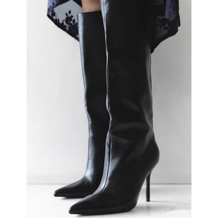 尖头真皮高筒靴欧美走秀新款 骑士靴 细超高跟侧拉链不过膝长靴个性