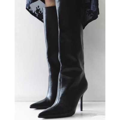 尖头真皮超高跟高筒靴欧美走秀款