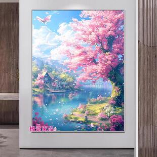 桃花风景客厅玄关砖石贴画高难度点贴钻十字绣带框 钻石画2024新款
