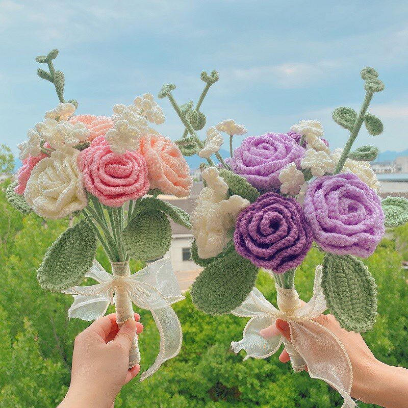 极速手工编织gdiy玫瑰手捧花毛线钩针材料包情人节送女友闺蜜结婚