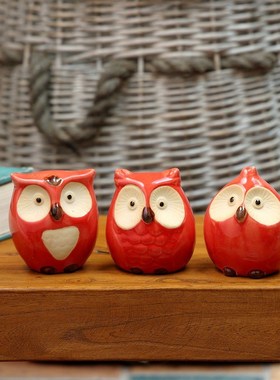 极速美式三只红色猫头鹰桌面小摆件家居装饰品创意W客厅酒柜陶瓷