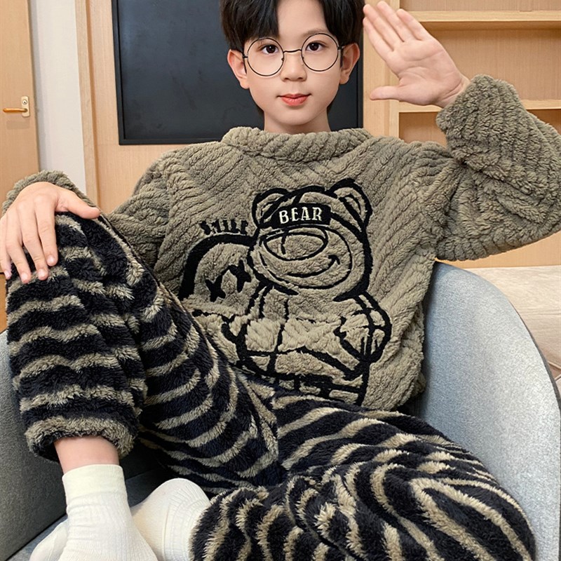 极速儿童珊瑚绒睡衣男童秋冬季加绒B加厚男孩2025新款法兰绒家居