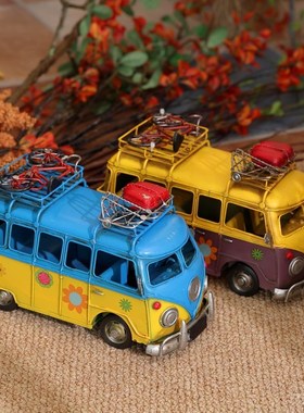 极速复古乡村风格彩色创意非洲巴士公交模型M店铺摆件造景铁艺橱