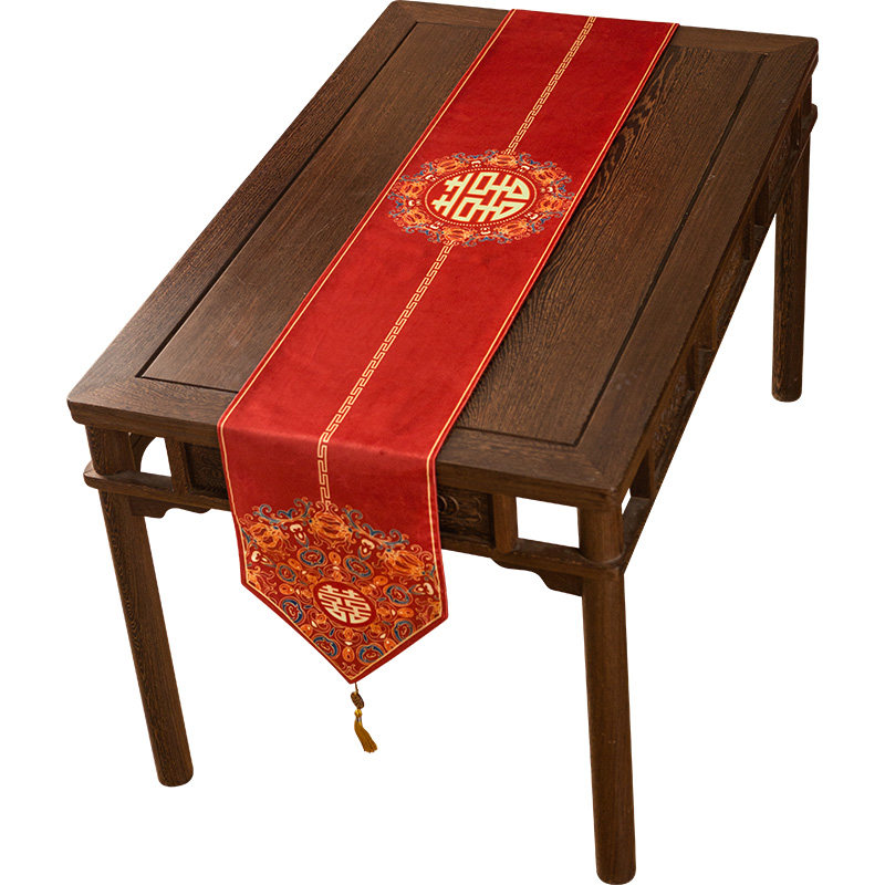 极速满堂彩新中式红色桌旗结婚卧室长条床旗客厅茶T几桌布复古奢