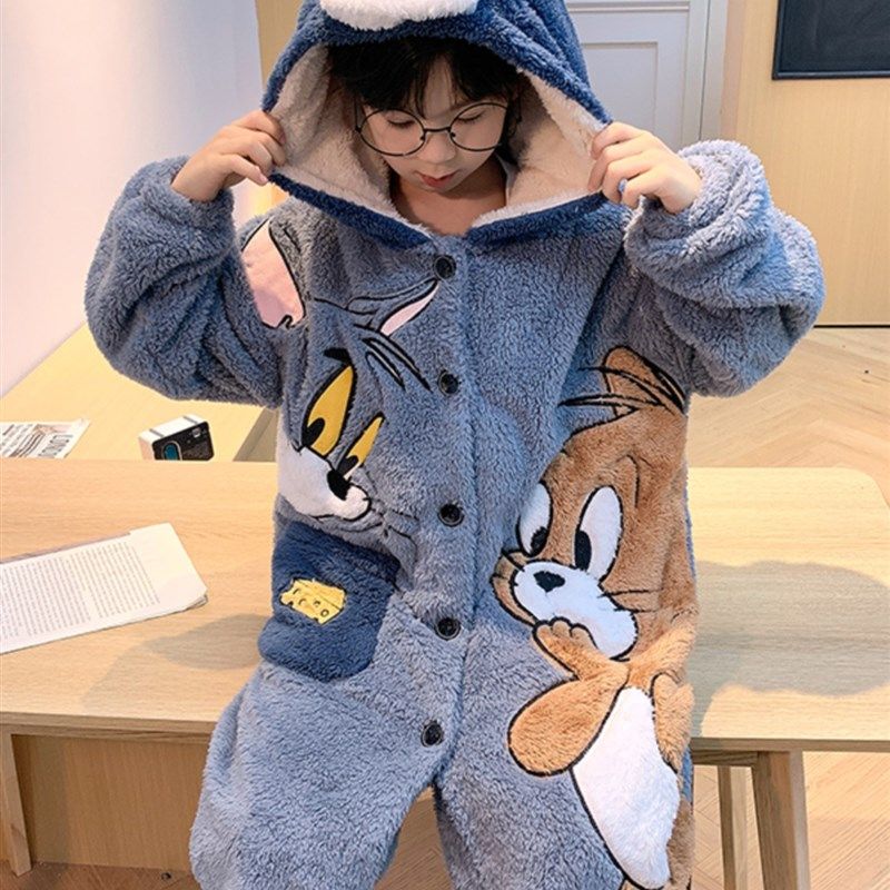 极速儿童珊瑚绒睡衣男q童秋冬季卡通加绒加厚长款睡袍男孩保暖浴