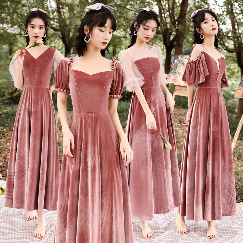 伴娘服丝绒气质平时可穿主持人礼服裙女姐妹N团显瘦订婚宴会晚礼