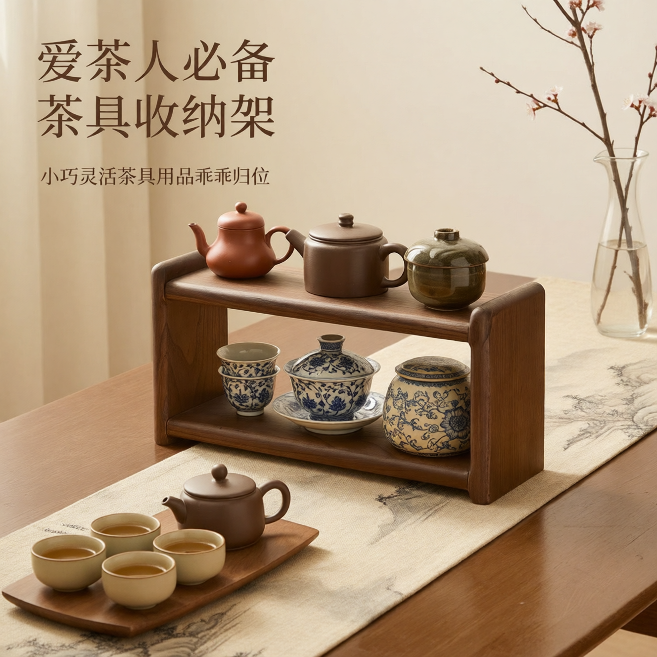 实木桌面置物架中式茶具咖啡杯子收纳架小型博古架厨房调料架子