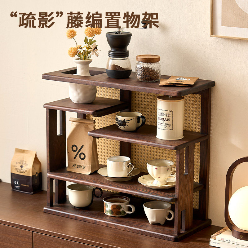 实木置物架桌面收纳办公咖啡茶具水杯客厅台上中古风藤编储物架子