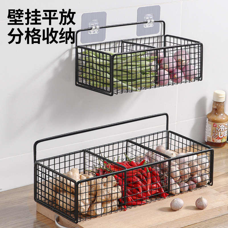 速发葱姜蒜置物架厨房收孔盒神器免打纳壁挂式墙上装菜篮子沥水收