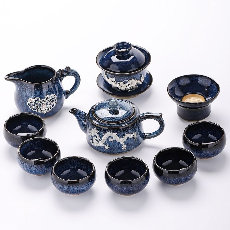 速发建盏茶具套装茶杯家用办公室高档窑变整套陶瓷镶银功夫茶壶钧